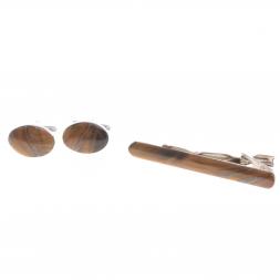 Набор запонки овальные и зажим для галстука камень тигровый глаз