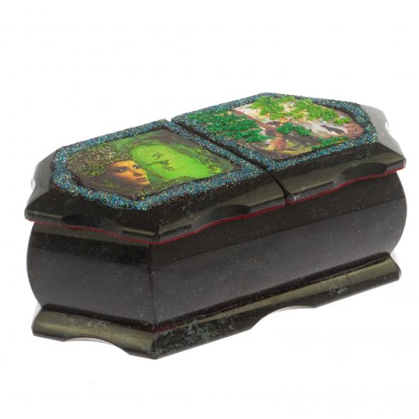 Шкатулка &amp;quot;Хозяйка медной горы / Утро в сосновом лесу&amp;quot; 20х10х7,5 см черный змеевик 125002