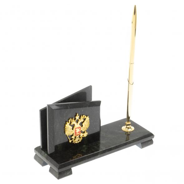 Визитница настольная с гербом РФ &amp;quot;Мини 3&amp;quot; камень змеевик 129931