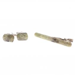 Набор запонки закругленные и зажим для галстука камень желтый апатит