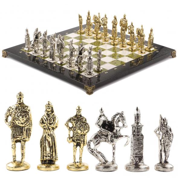 Шахматы из камня с металлическими фигурами &amp;quot;Русь&amp;quot; доска 40х40 см мрамор и змеевик 120699