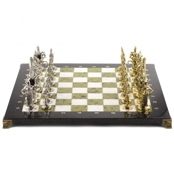 Шахматы из камня с металлическими фигурами &amp;quot;Русь&amp;quot; доска 40х40 см мрамор и змеевик 120699