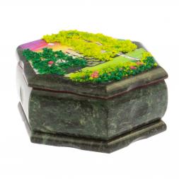 Шкатулка шестигранная с рисунком "Летний пейзаж" 14х12,5х7 см змеевик